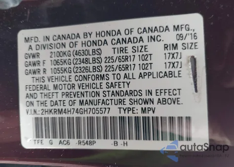 2016 Honda Cr-V Ex-L from USA, damaged, VIN 2HKRM4H74GH705577
